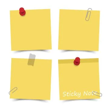 Flat design yellow color sticky notes with red pin , adhesive tape and paper  Illustrazione stock