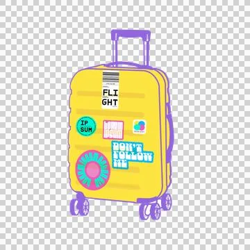 Flat design yellow suitcase is featuring purple handle, stickers and wheels on Illustrazione stock