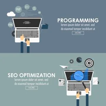 Flat designed banners for programming and seo optimization. Vector image. Stock Illustration