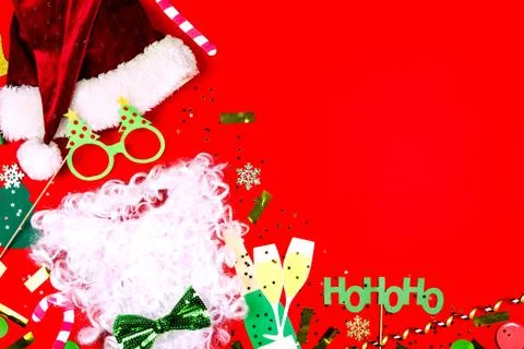 Flat designed funny comic Santa with red Christmas hat, Santa's beard, hipste Stock Photos