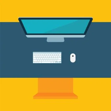 Flat desktop design, workspace with computer mose and keyboard Stock Illustration