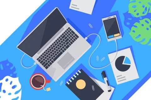 Flat desktop top view with laptop, tea, notebook, mobile phone and diagram. Stock Illustration