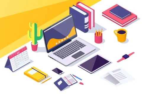 Flat desktop workspace with laptop, mobile phone, tablet, calendar. Stock Illustration
