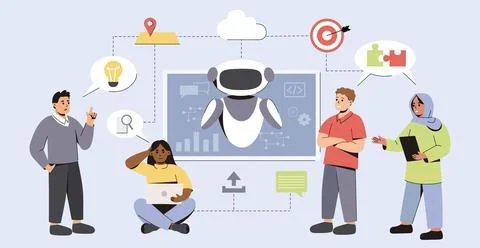 Flat development team use artificial intelligence in work Illustrazione stock