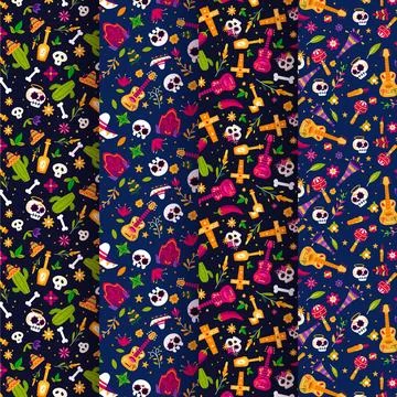 Flat dia de muertos patterns collection Stockillustratie