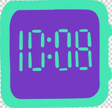 Flat digital clock icon showing 10:09 with green bezel and purple screen on イラスト素材