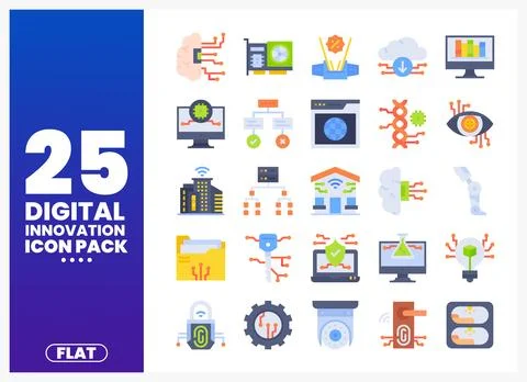 Flat digital innovation icons collection with technology and data symbols Stockillustratie
