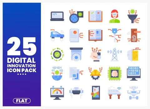 Flat digital innovation icons featuring technology and AI concepts Illustrazione stock