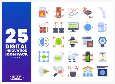 Flat digital innovation icons in a vector graphic pack Stock Illustration