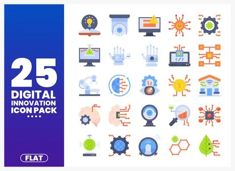Flat digital innovation icons on white background with blue gradient overla.. Illustrazione stock