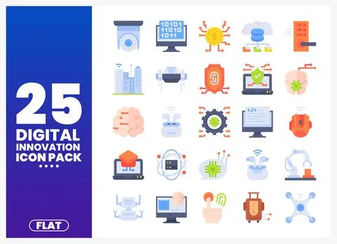 Flat digital innovation icons on a white background with a blue gradient ov.. 스톡 일러스트