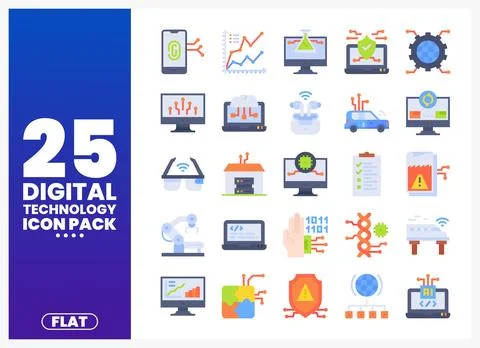 Flat digital technology icons on a blue background. Illustrazione stock