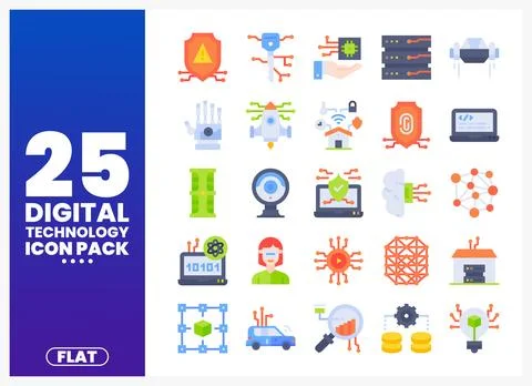 Flat digital technology icons collection with diverse symbols on white back.. イラスト素材