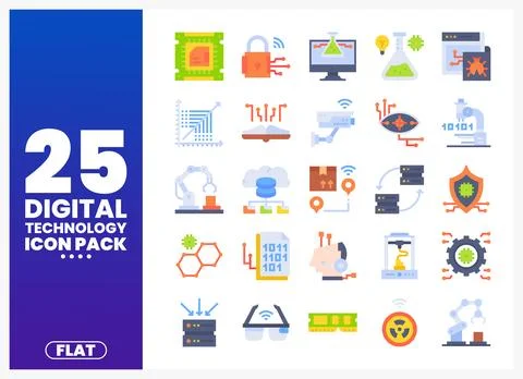 Flat digital technology icons with diverse symbols Stock Illustration