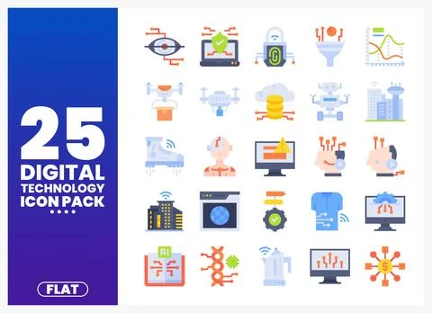 Flat digital technology icons presented on a white background with a blue g.. Stock Illustration