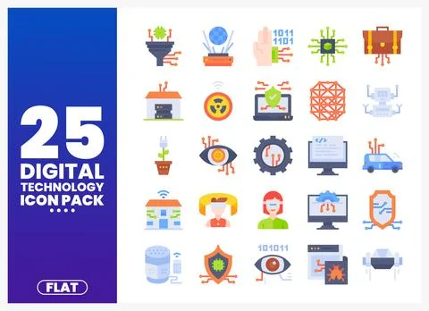 Flat digital technology icons on white background with blue gradient overlay Stock Illustration