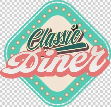 Flat diner sign is displaying diamond shapes with cursive Classic Diner text and Illustrazione stock