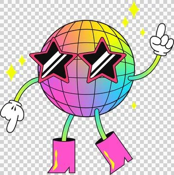 Flat disco-ball is dancing with star-shades, gloves, pink boots, yellow-sparks, Illustrazione stock
