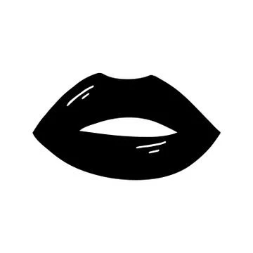 Flat doodle black open lips with flare. Isolated on white background. Vector  Stock Illustration