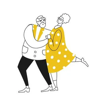 Flat Doodle cute character of senior couple lovers dancing. Hand drawn vector Stock Illustration