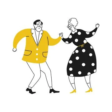 Flat Doodle cute character of senior couple lovers dancing. Hand drawn vector Stock Illustration