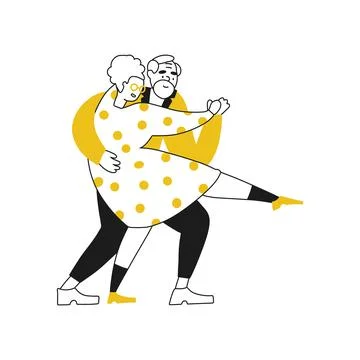 Flat Doodle cute character of senior couple lovers dancing. Hand drawn vector Stock Illustration