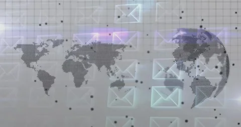 Flat dotted world map connecting floating envelopes over gray grid, driving Stock Footage 328651721