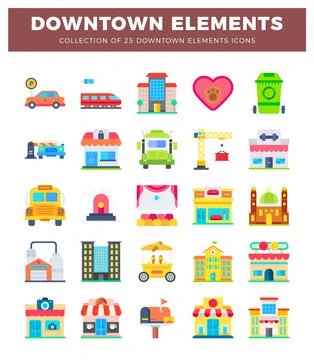 Flat downtown city elements icons on white background Stock Illustration