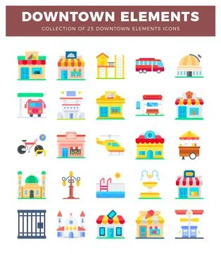 Flat downtown city elements icons. cartoon style. Stock Illustration