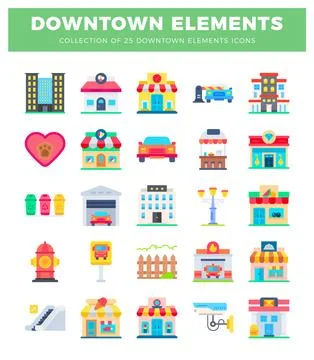 Flat downtown element icons with buildings and vehicles. Various cartoon-st.. Ilustración de archivo