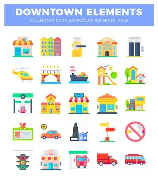 Flat downtown element icons with buildings. vehicles. and signs on white Stockillustratie