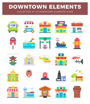 Flat downtown element icons in a grid format with white background 스톡 일러스트