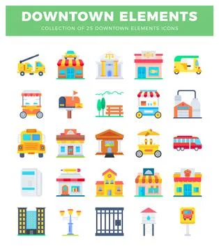 Flat downtown element icons on white background Illustrazione stock