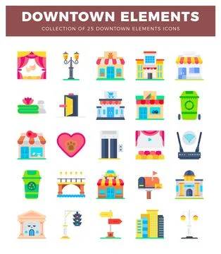 Flat downtown elements icons collection on white background Stock Illustration