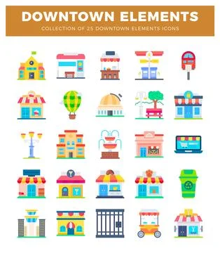 Flat downtown elements icons in yellow. blue. red and green. City buildings.. Stock Illustration