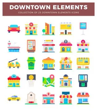 Flat downtown icon elements. Buildings. vehicles. and services on a white b.. Stockillustratie