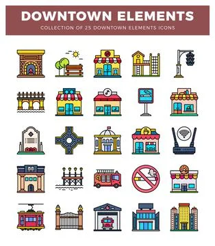 Flat downtown icon elements in a grid layout. Stock Illustration