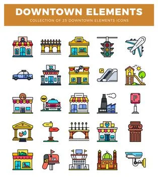 Flat downtown icon elements in a grid layout on white background Stockillustratie