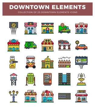 Flat downtown icon elements. urban cityscape illustrations. for graphic des.. 스톡 일러스트