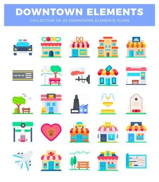 Flat downtown icons with urban elements like police car and shops. City bui.. Stock Illustration