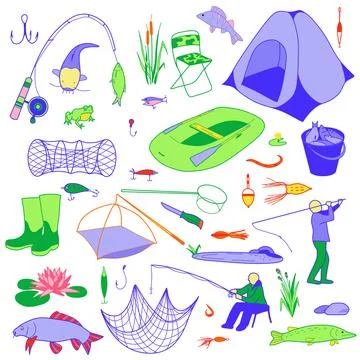 Flat drawings, fishing elements set and for the fisherman Stock Illustration