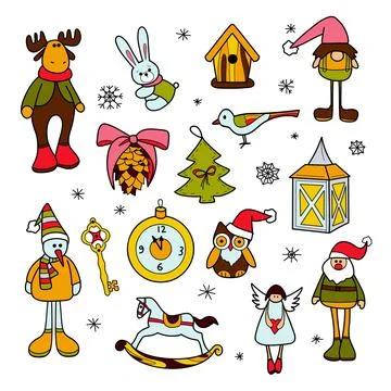 Flat drawings New Year s, Christmas decorations, toys Stock Illustration