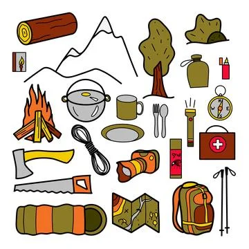 Flat drawings, set of elements for hiking, camping イラスト素材