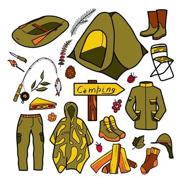 Flat drawings, set of elements for hiking, camping Stock Illustration