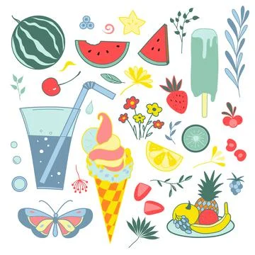 Flat drawings, a set of summer sweets and flowers Stock Illustration