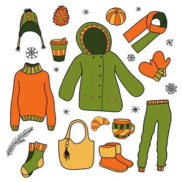 Flat drawings, a set of winter clothes Stock Illustration