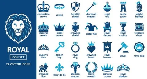 Flat duotone vector icon set of royal medieval kingdom symbols for noble de.. Illustrazione stock