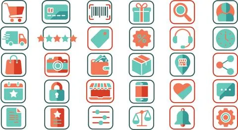 Flat e-commerce and online shopping icons set Stock Illustration
