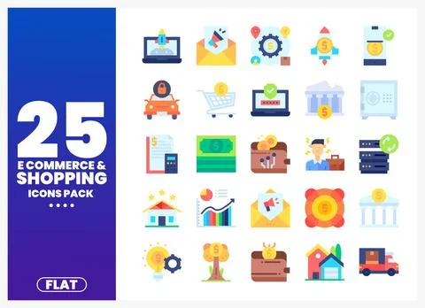 Flat e-commerce and shopping icons pack with graphic elements Stock Illustration