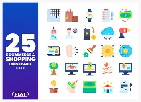 Flat e-commerce and shopping icons pack with illustrated elements on a whit.. Stock Illustration